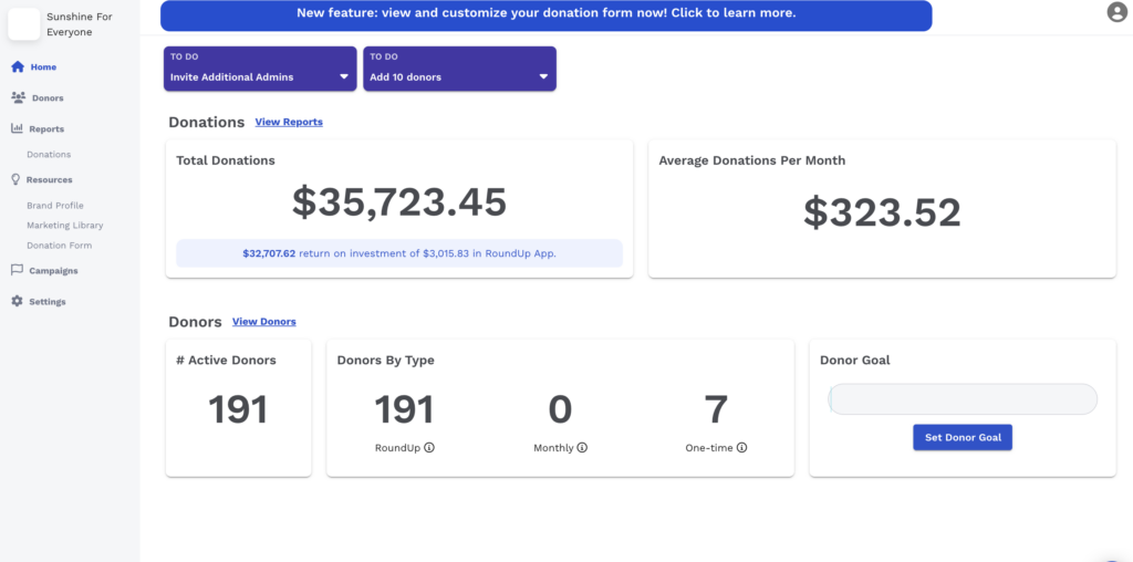 RoundUp App donation app dashboard